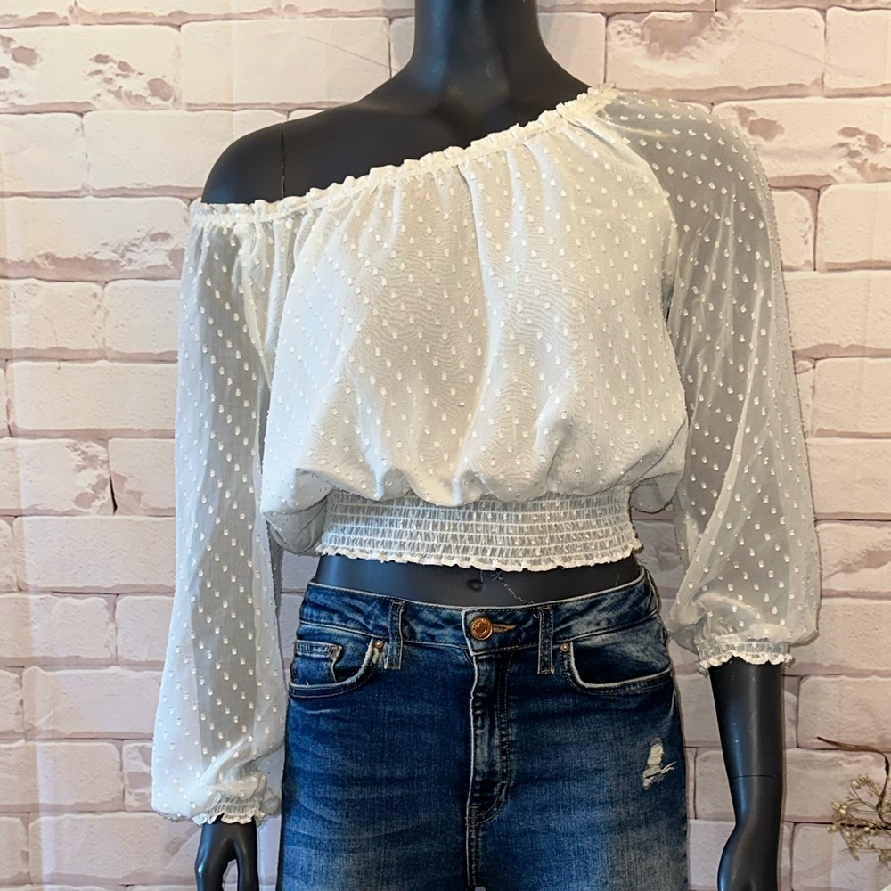 White Off-Shoulder Sheer Blouse